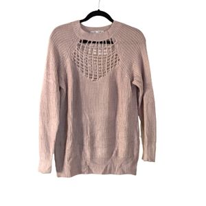 🌟 Gab Kate Web Cutout Cable Knitted Long Sleeve Tan Pullover Neck Sweater Large